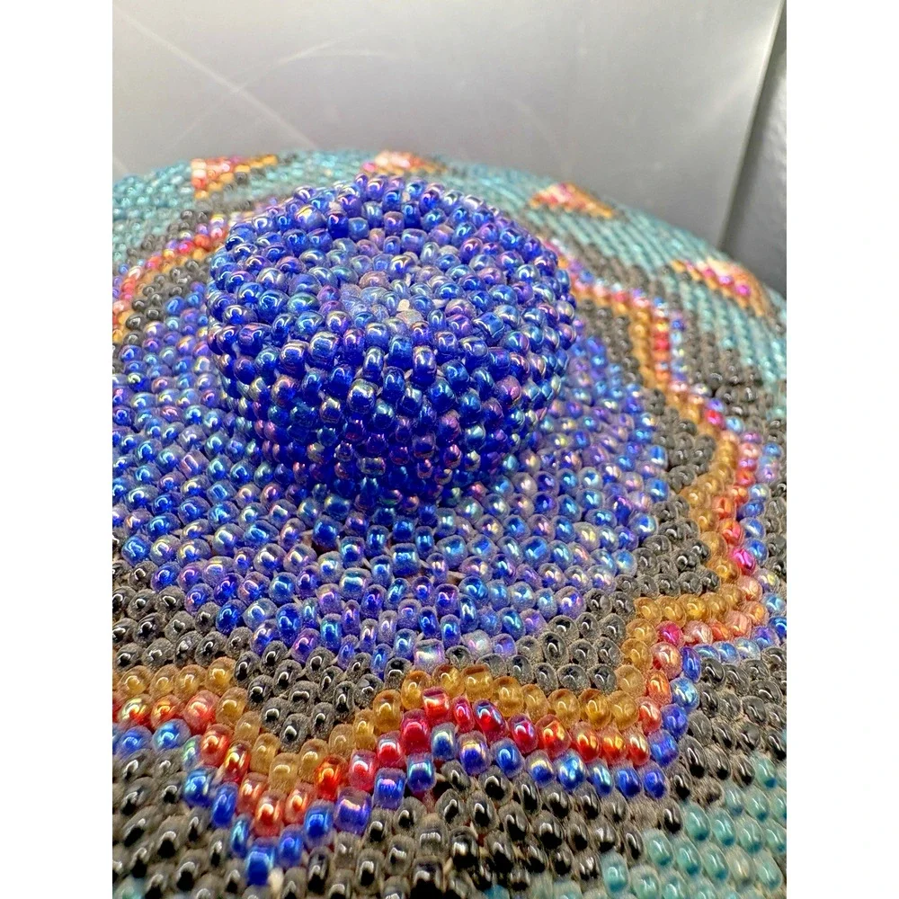 Indonesian Hand Beaded Woven Folk Art Blue Green Geometric Design Basket Lid 7